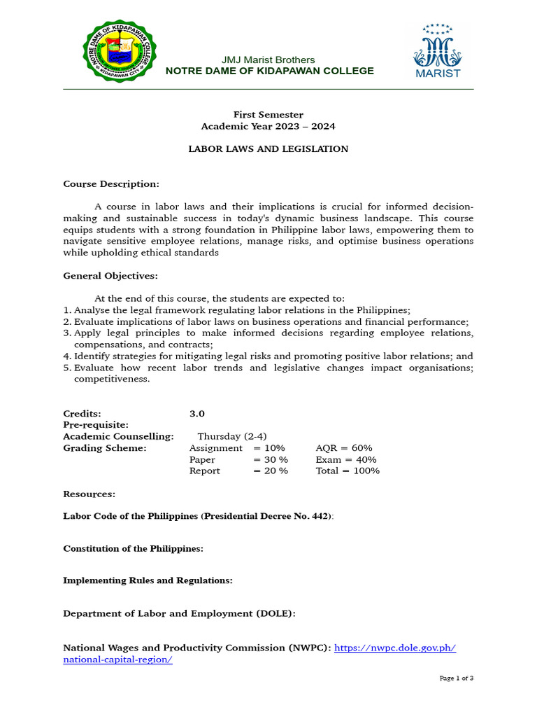 Philippine Labor Laws Course Overview | PDF | Employment | Labour Law