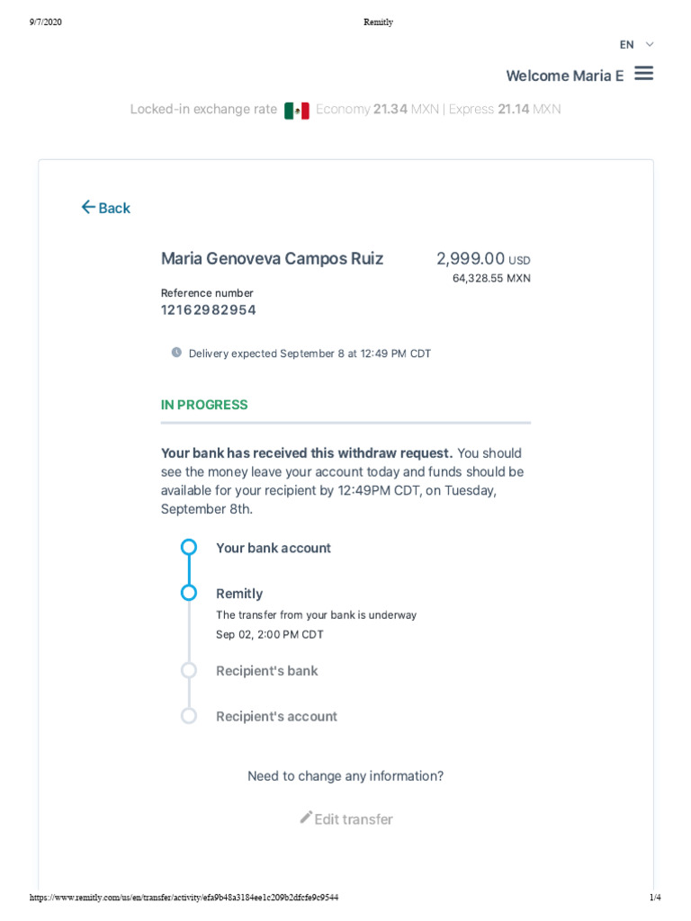 Remitly Transfer Receipt for Maria E. | PDF | Banks | Banking Technology