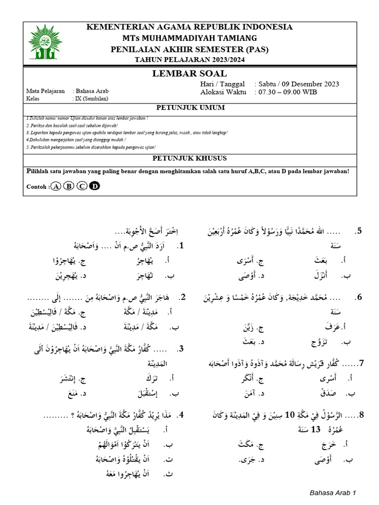 SOAL B. Arab PAS GANJIL KELAS IX | PDF