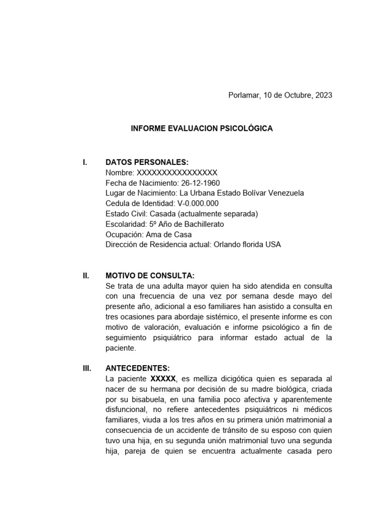 Modelo Informe Psicologico | PDF | Depresión (estado de ánimo ...