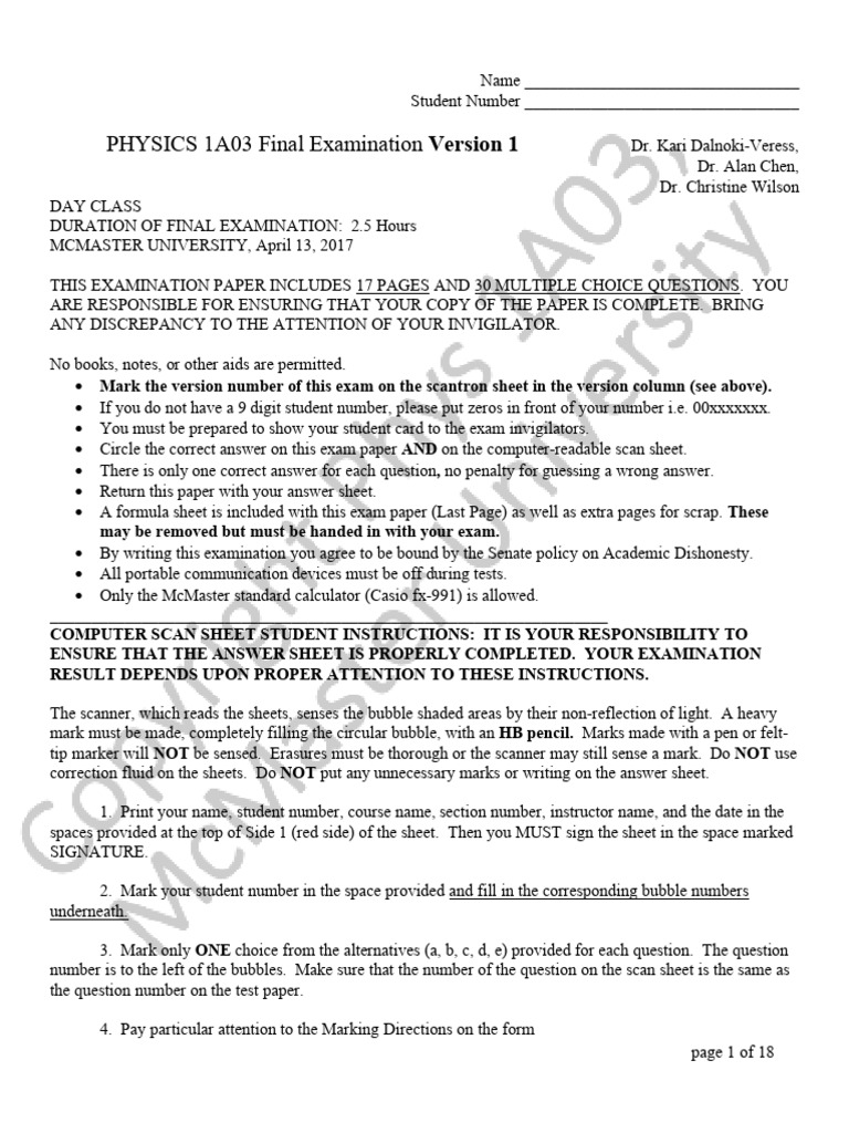 Final 1a03 Winter 2017 Version 1 Watermark | PDF | Waves | Wavelength