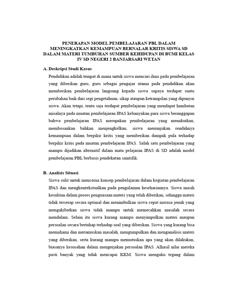 Penerapan model pembelajaran pbl dalam meningkatkan kemampuan bernalar