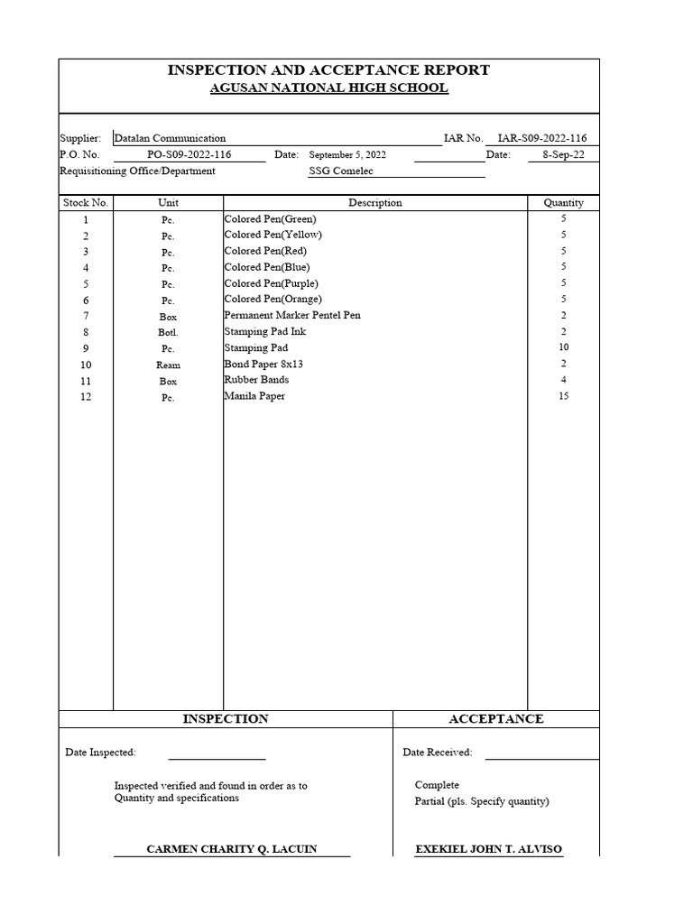 Inspection And Acceptance Report