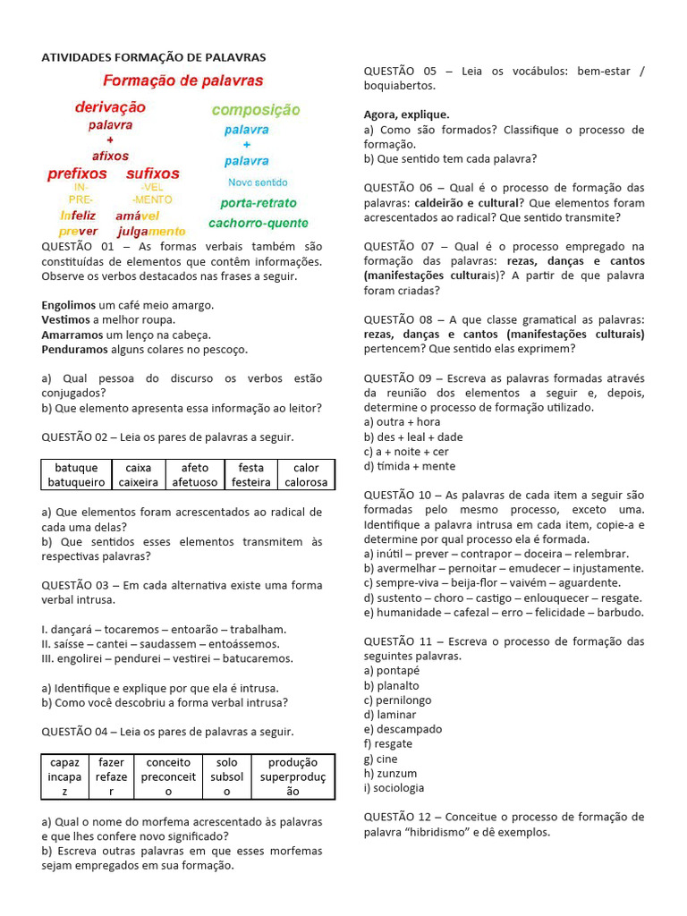ATIVIDADES FORMAÇÃO DE PALAVRAS 8º Ano | Download grátis PDF | Palavra ...