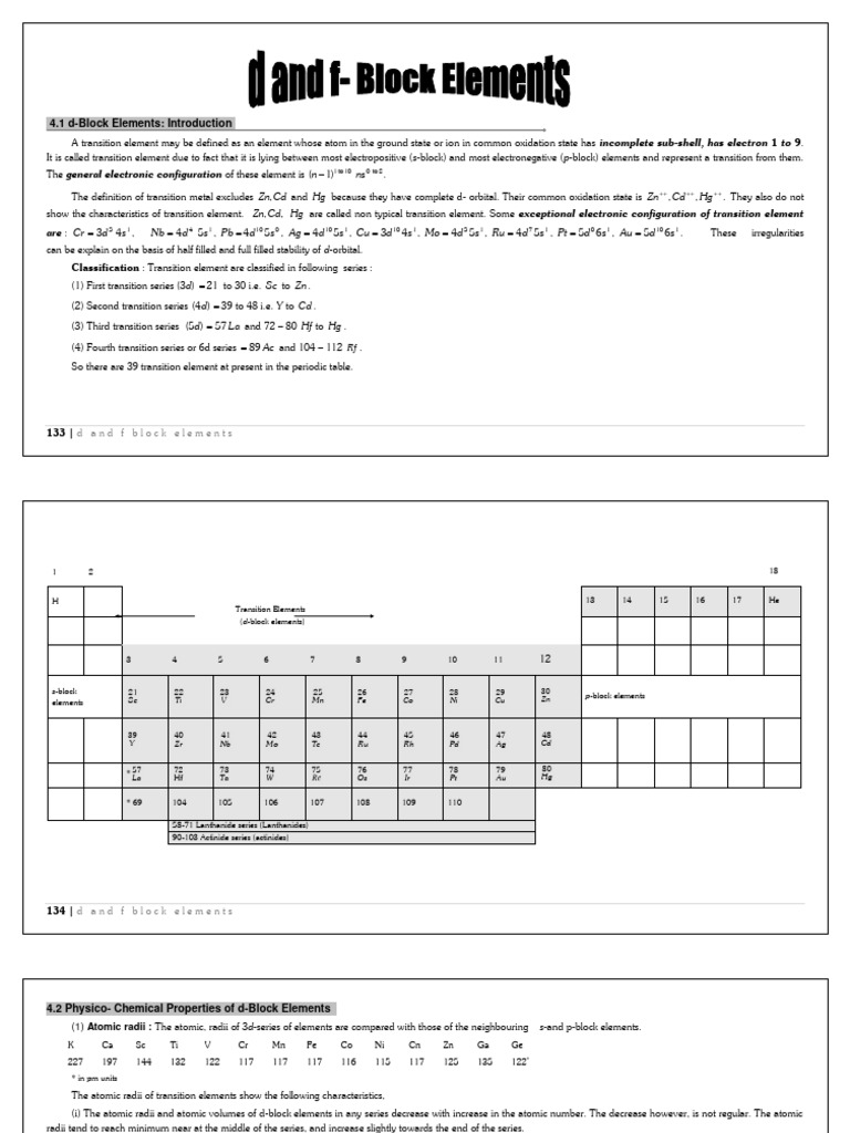 D & F Block Elements - Theory | PDF | Transition Metals | Chemical ...
