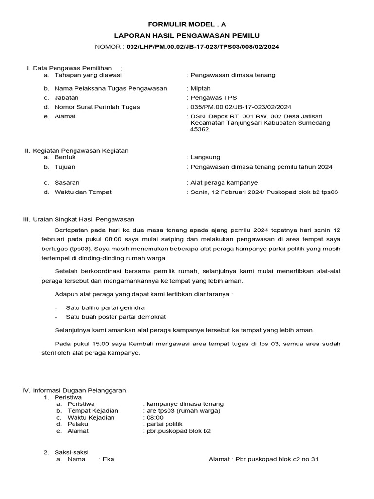 Formulir Model - A Laporan Hasil Pengawasan Pemilu | PDF