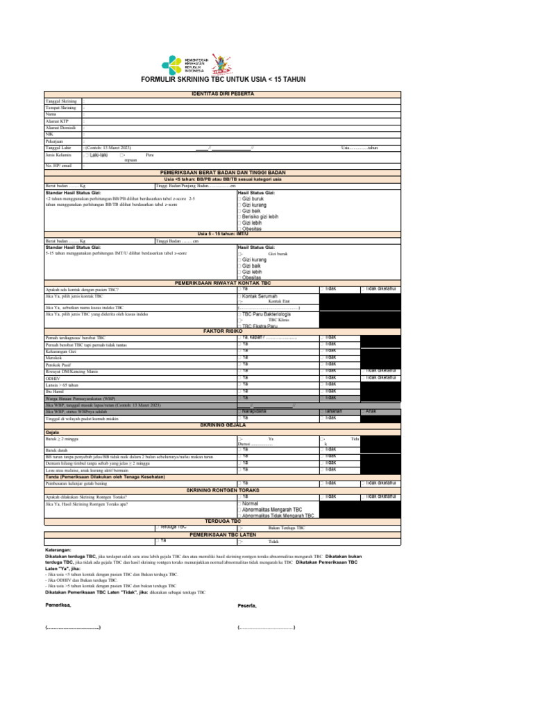 Form Dibawah 15 Tahun - 170423 - Skrining TBC-HALODOC | PDF