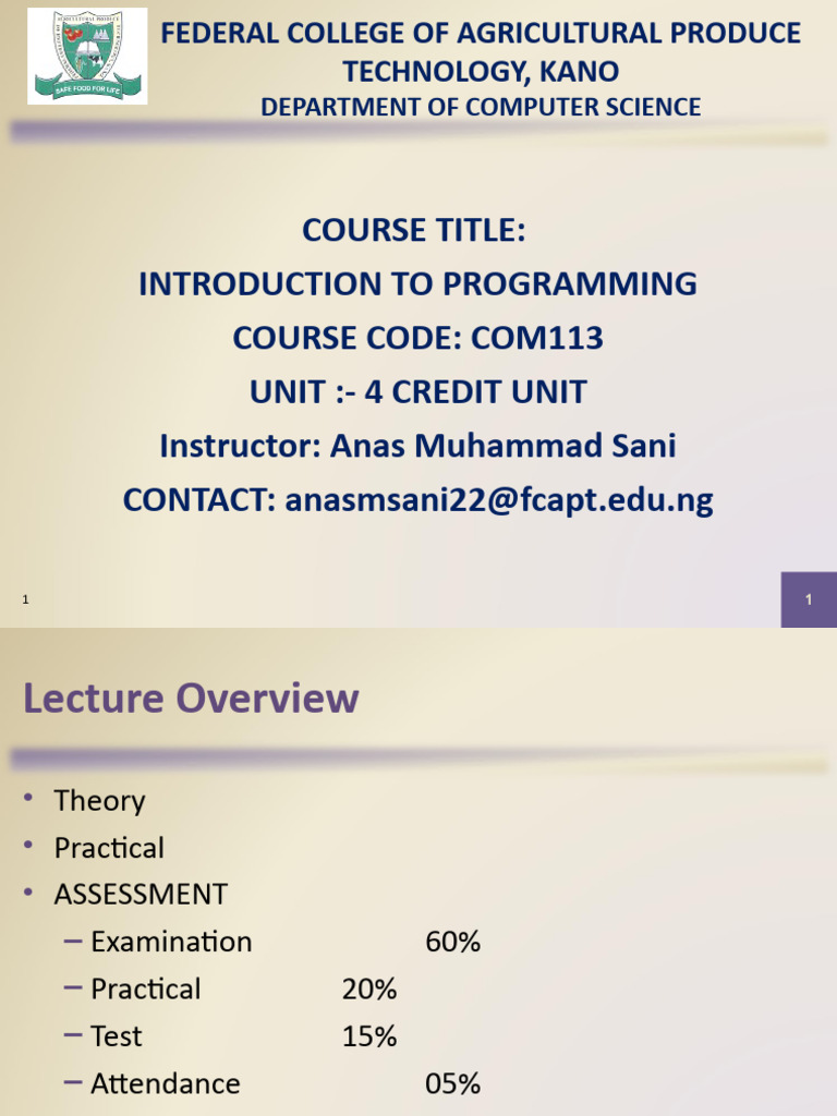 COM 113 Lecture 1 | PDF | Computer Programming | Programming