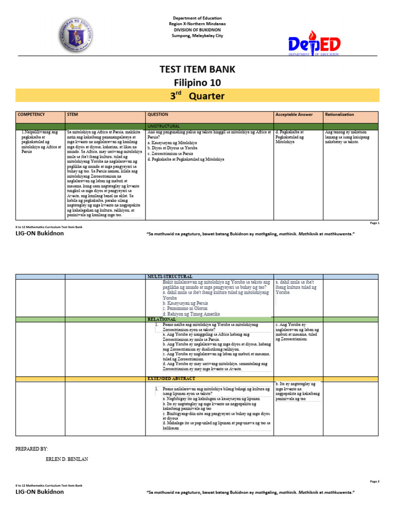 Test Item Bank Filipino 10 3 Quarter: LIG-ON Bukidnon | PDF