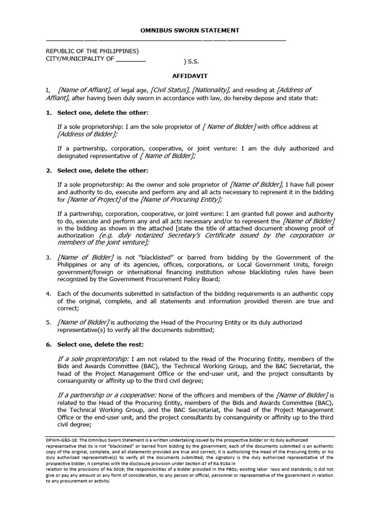 Dpwh g s 18 omnibus sworn statement pdf