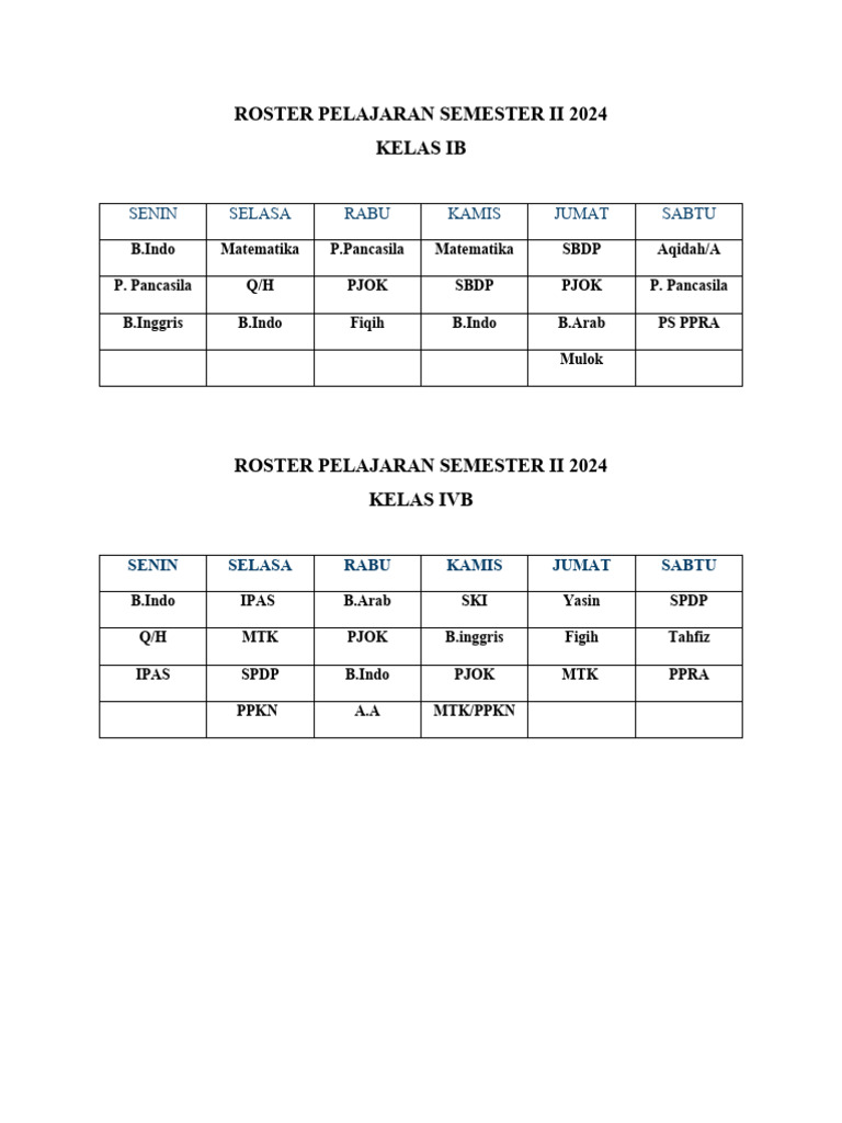 Roster Pelajaran Semester II 2024 | PDF