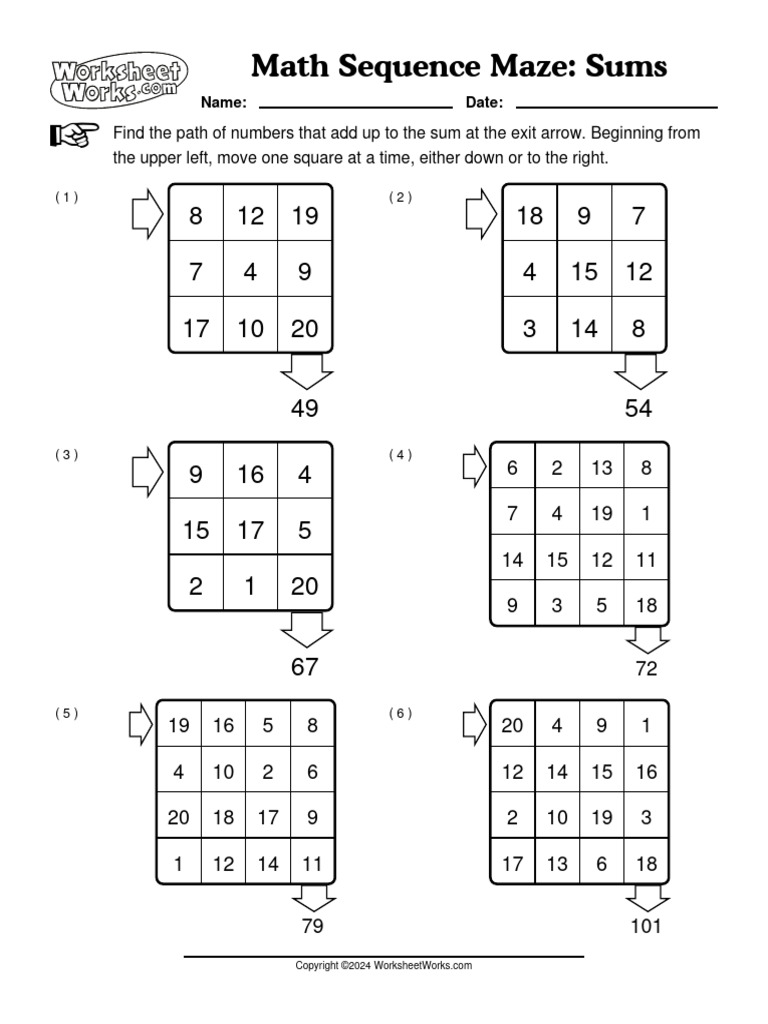 WorksheetWorks Math Sequence Maze Sums 1 PDF