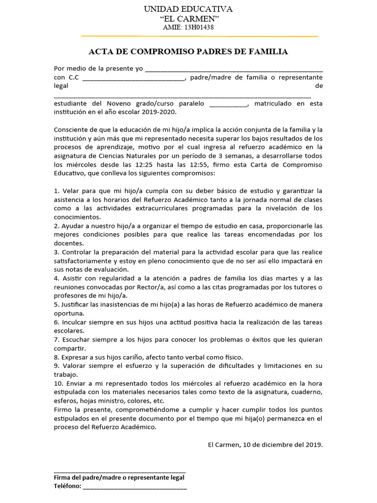 Acta de Compromiso Padres de Familia | PDF | Cognición | Aprendizaje