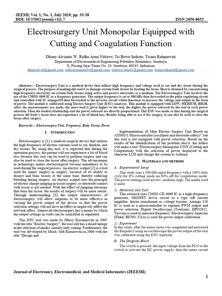 Electrosurgery Unit Monopolar Equipped With Cutting and Coagulation
