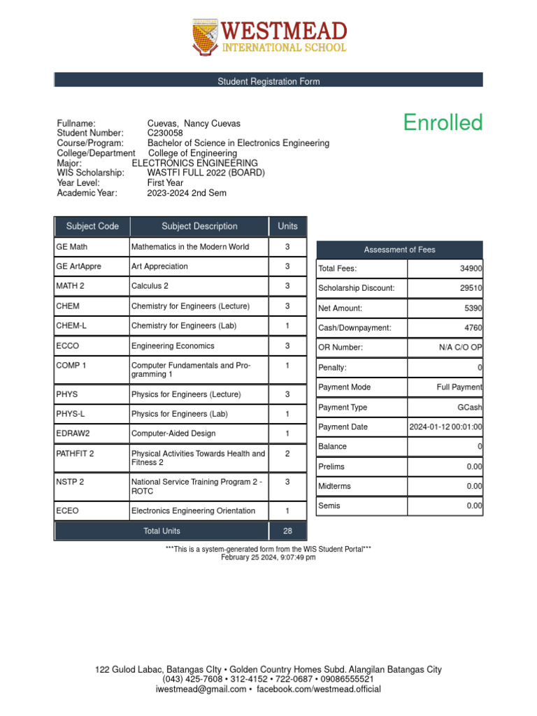 Student Registration Form - Electronics Engineering | PDF
