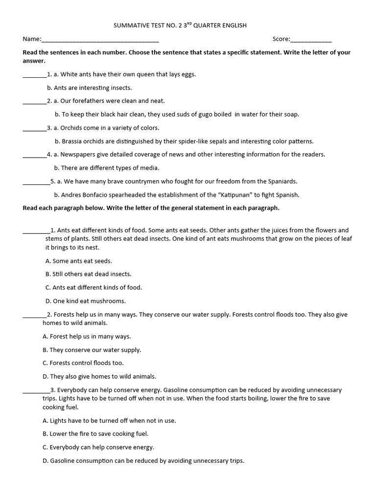 3rd Quarter English Summative Test | PDF | Ant | Organisms