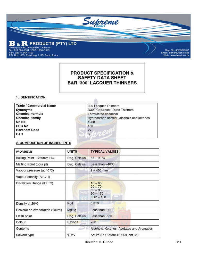 B&R 300 Lacquer Thinners Safety Data Sheet | PDF | Personal Protective ...