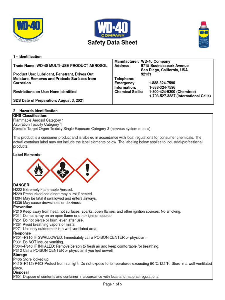 WD-40 Aerosol Safety Data Sheet | PDF | Materials | Safety