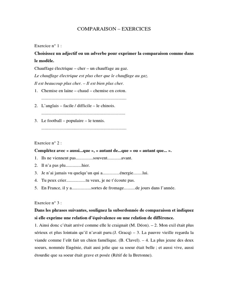 Exercices de comparaison en français | PDF | Chèvre | Oiseaux