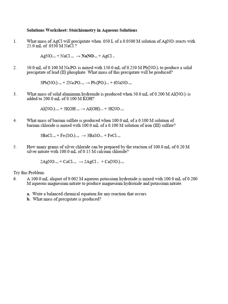 Solutions Worksheet With Stoichio Unlocked | PDF