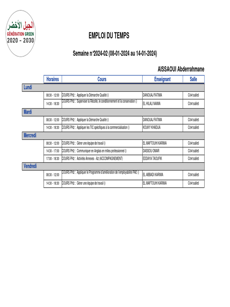 Emploi du temps PH2 Semaine 2024-02 | PDF