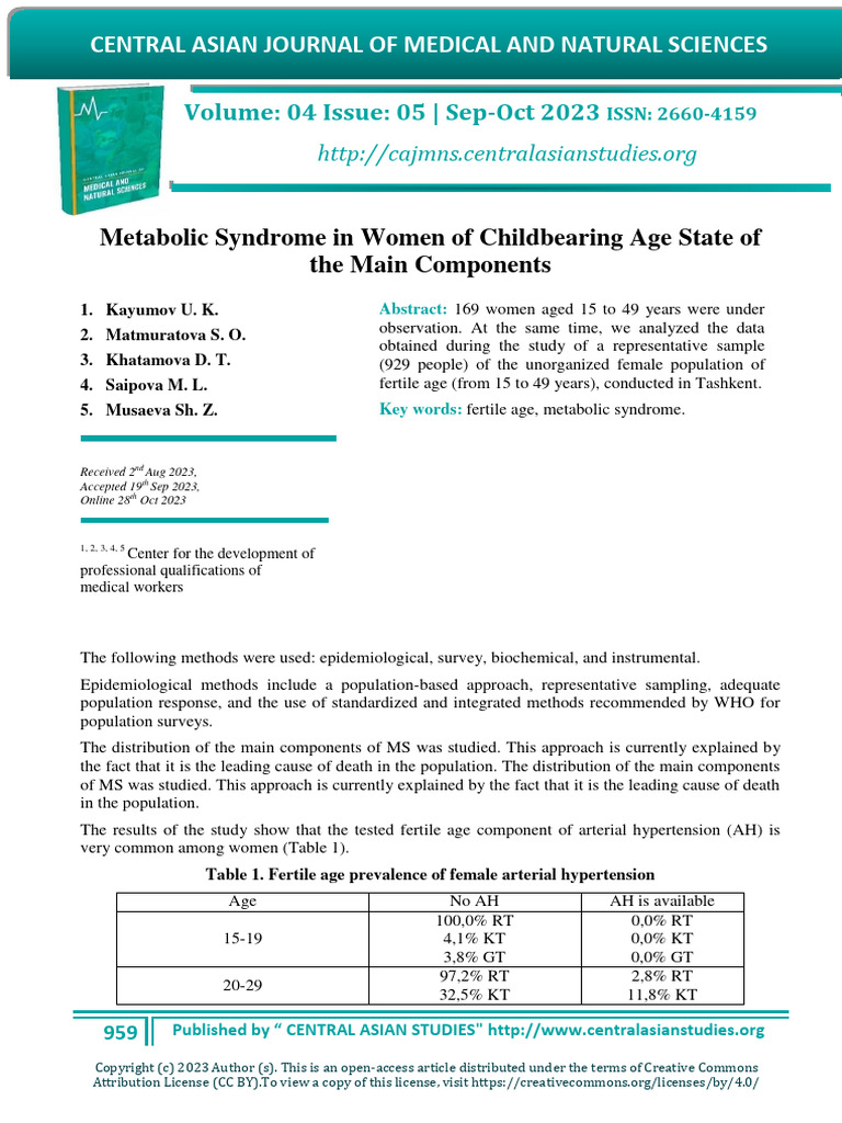 Metabolic Syndrome in Women of Childbearing Age State of The Main ...