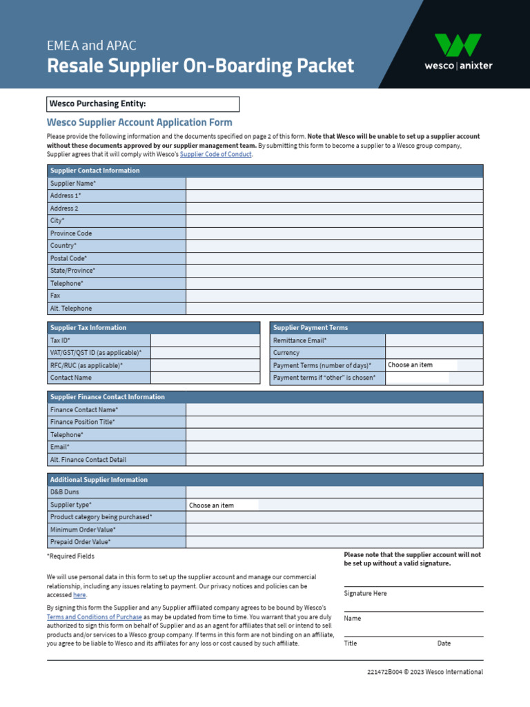 Anixter EMEA - APAC - Resale Supplier Onboarding Packet 21aug23 | PDF ...
