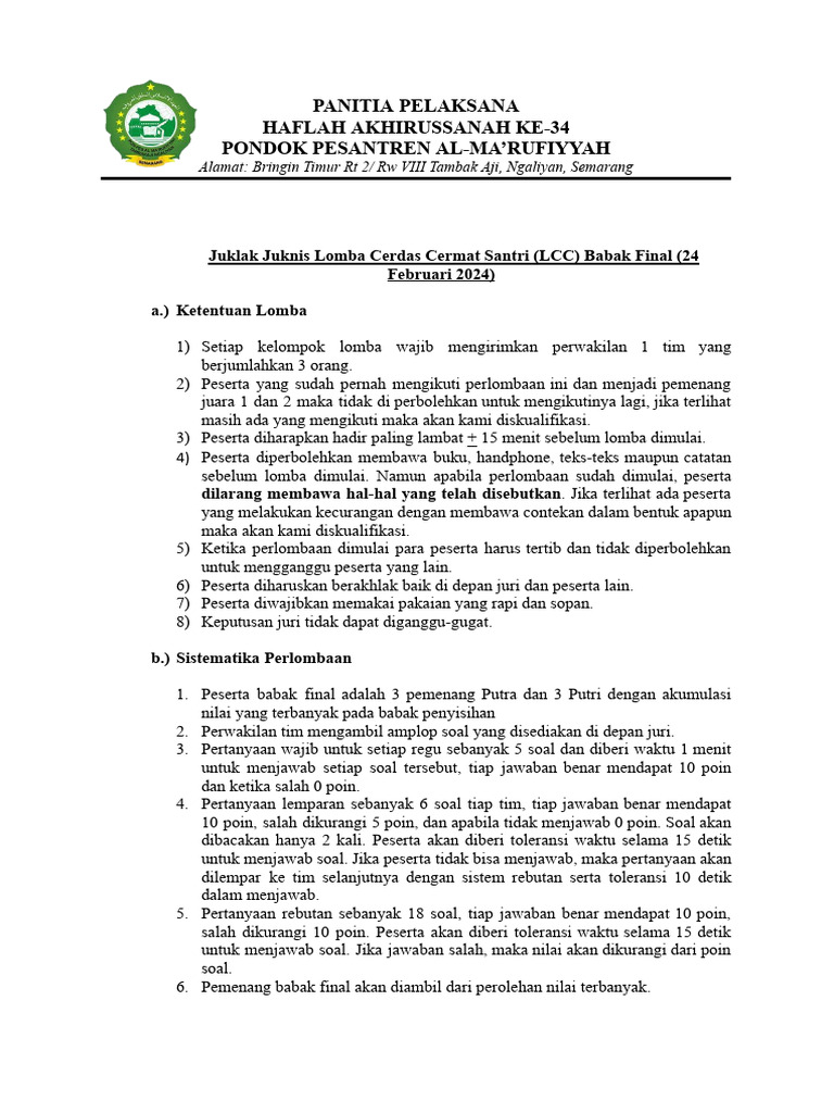 Juklak Lomba Cerdas Cermat LCC 2024 | PDF
