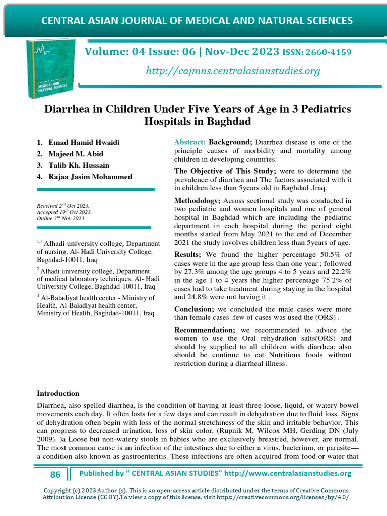 Diarrhea in Children Under Five Years of Age in 3 Pediatrics Hospitals ...