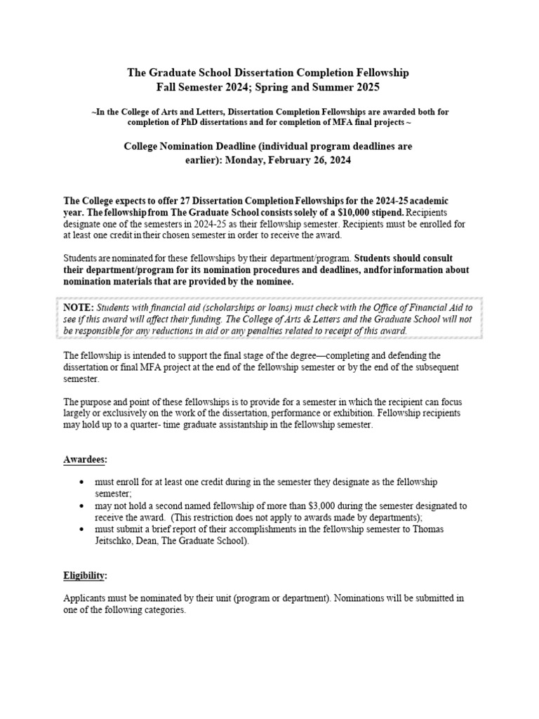 Dissertation Completion Fellowship Guide | PDF | Thesis | Doctor Of ...