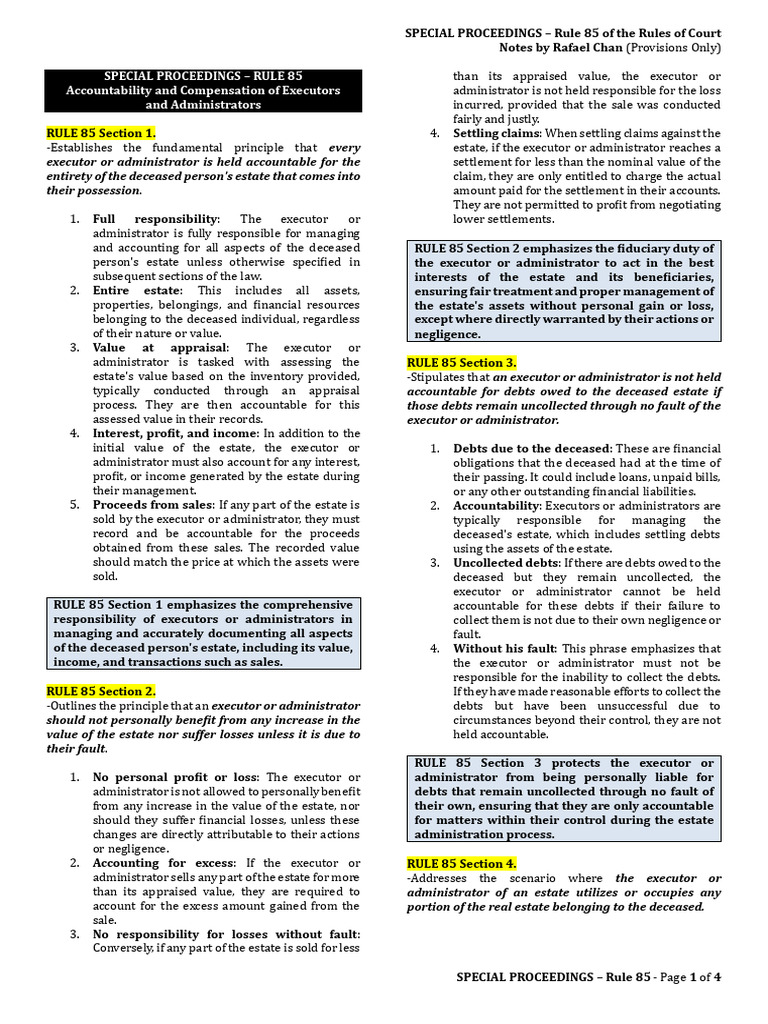 Rule 85: Executor Responsibilities | PDF | Debt | Executor
