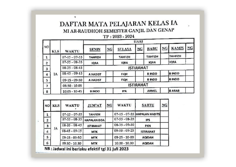 Jadwal Pelajaran Mahdiyyah | PDF