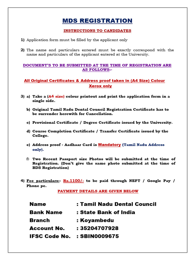 MDS Registration Application Form PDF Dental Degree