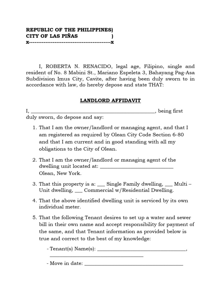 Affidavit of Tenant and Landlord Agreement | PDF