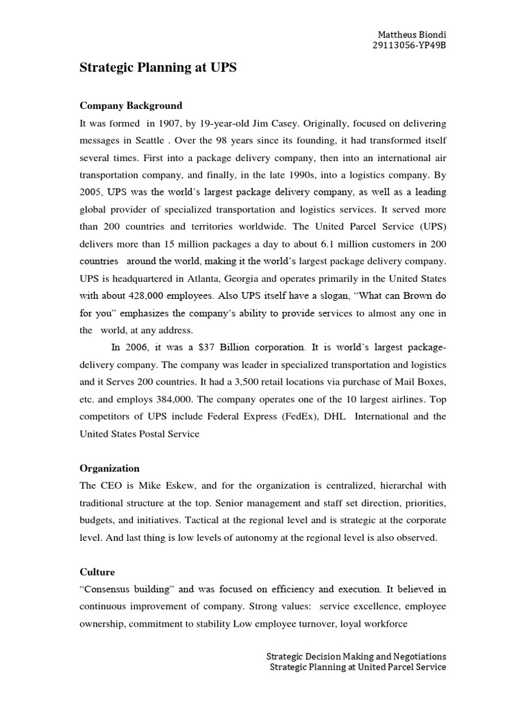StrategicPlanningUPS Decision Making | PDF | United Parcel Service | Fed Ex