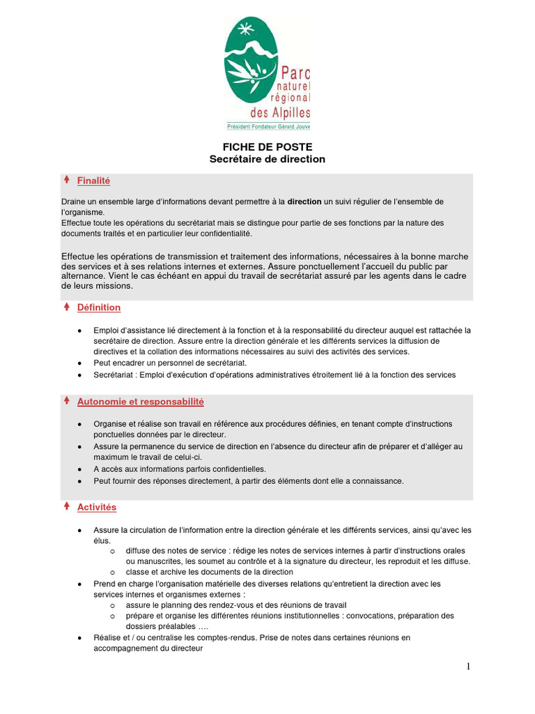 Fiche de Poste : Secrétaire de Direction | PDF | Secrétaire
