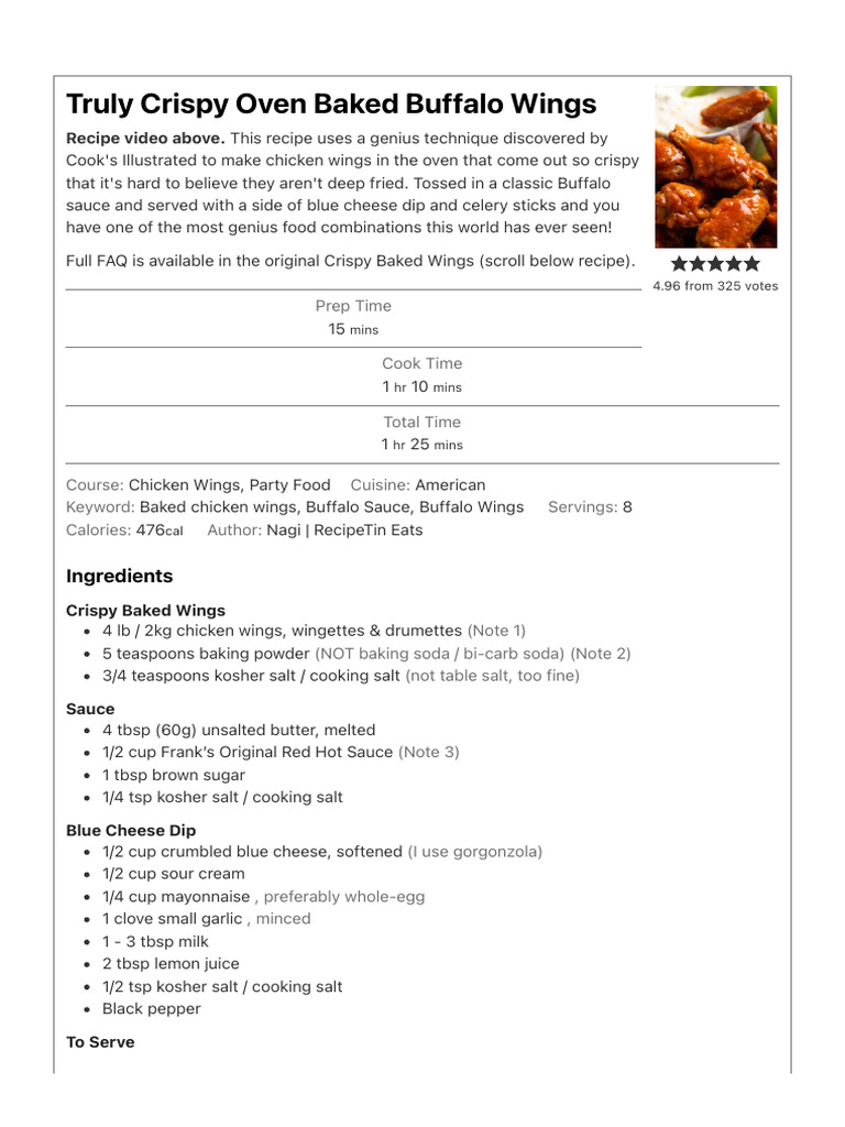 Truly Crispy Oven Baked Buffalo Wings RecipeTin PDF Baking Foods