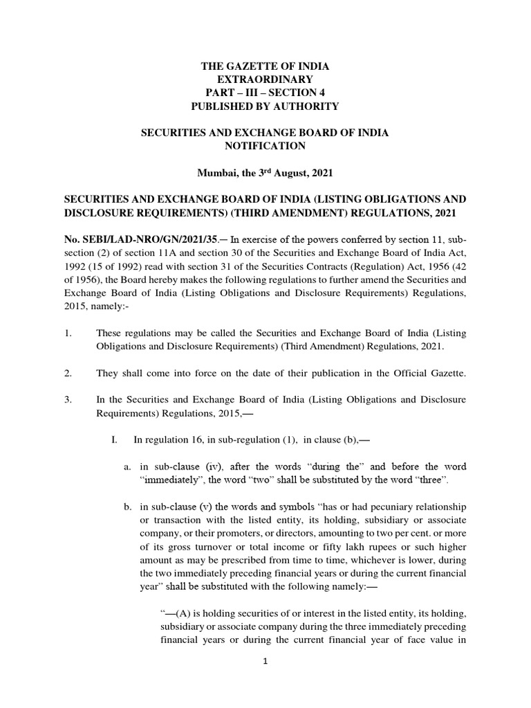 SEBI Third Amendment Regulations 2021 | PDF | Board Of Directors ...
