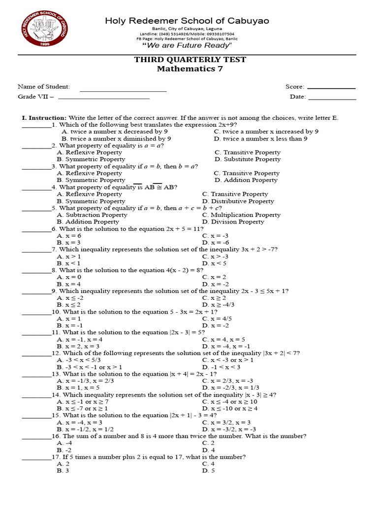 Math 7 Third Quarterly Test Guide | PDF | Inequality (Mathematics ...