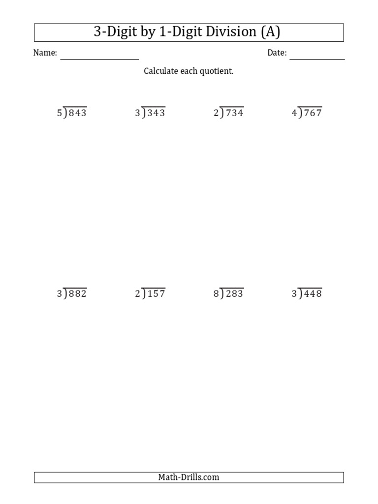 3-Digit by 1-Digit Division Worksheet | PDF | Teaching Methods & Materials