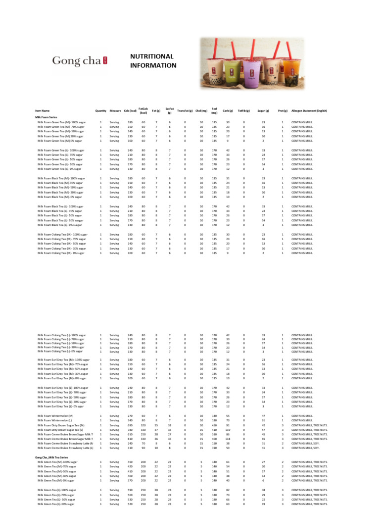 Gong Cha Nutritional Info Download Free PDF Hot Drinks Foods