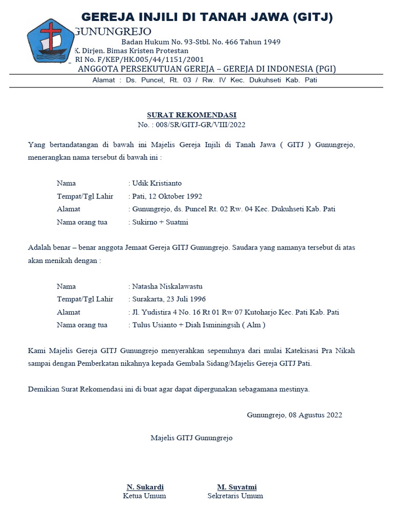 Surat Rekomendasi Nikah GITJ Pati | PDF