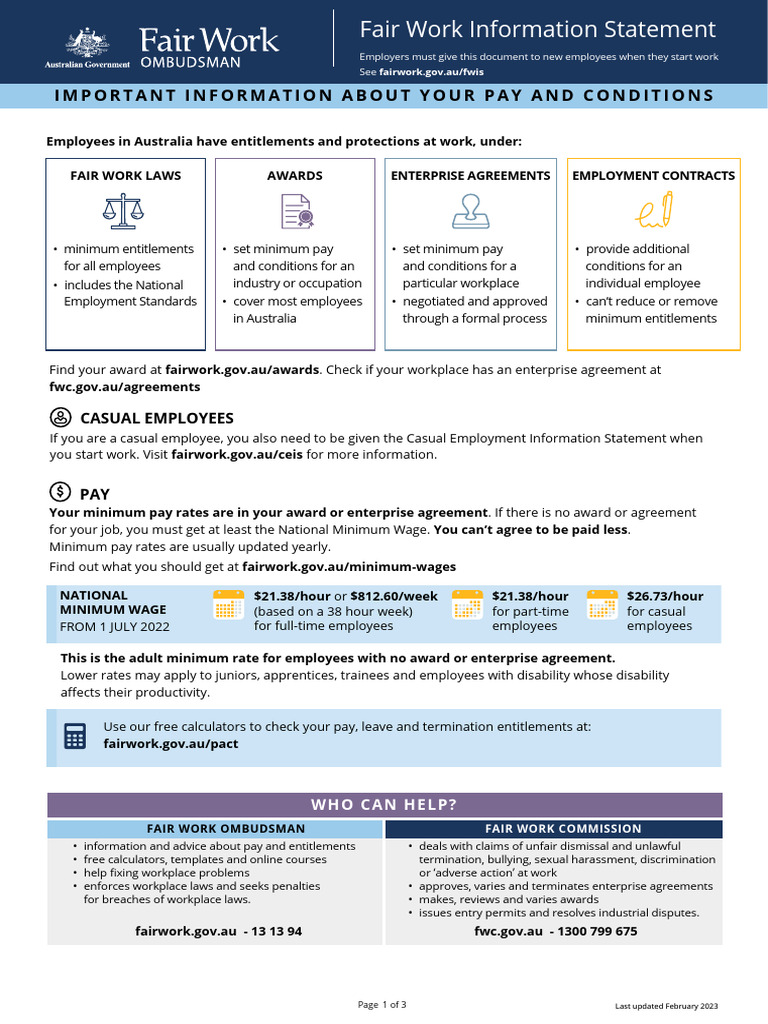 Fair Work Information Statement PDF Employment Minimum Wage