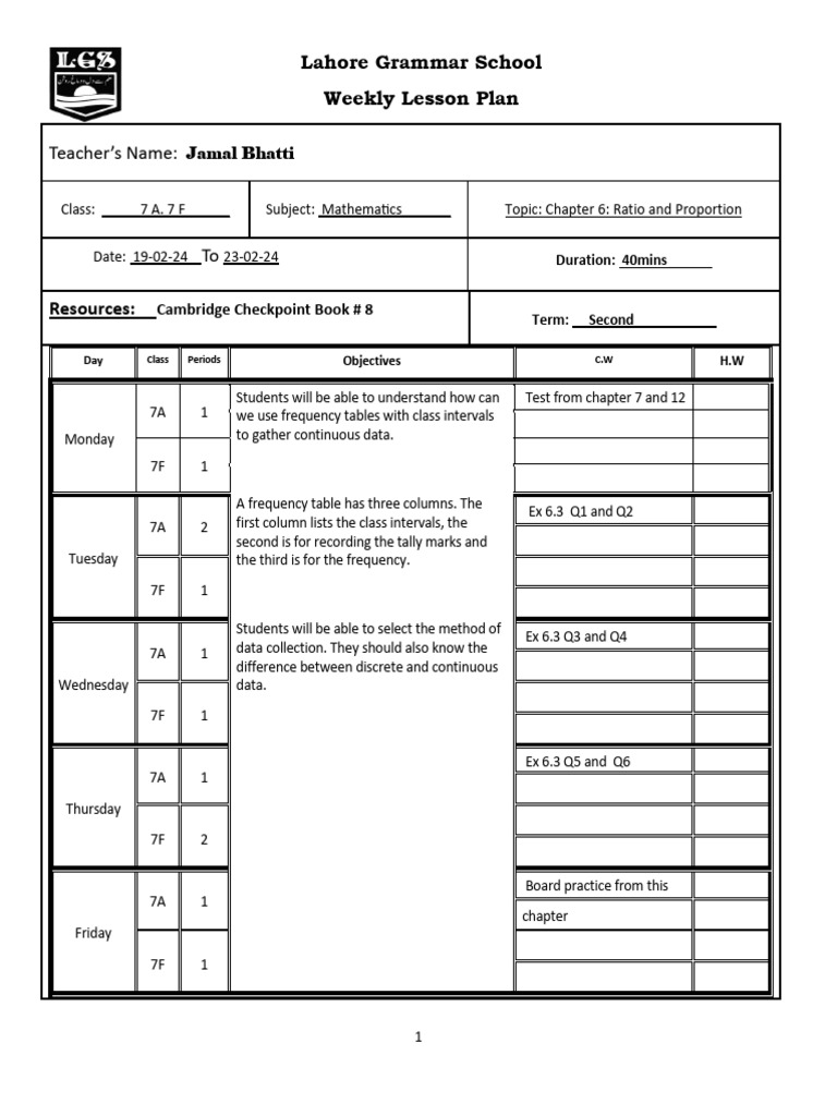 Weekly Math Lesson Plan: Ratios & Proportions | PDF