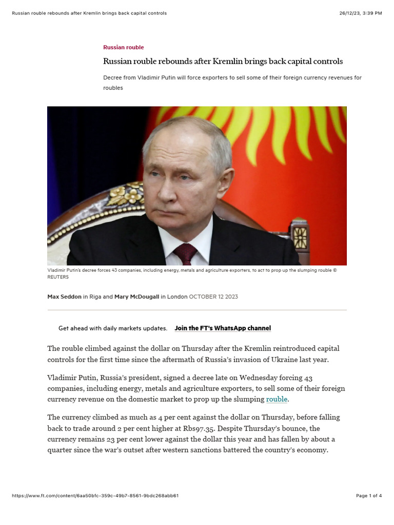 Russian Rouble Rebounds After Kremlin Brings Back Capital Controls ...