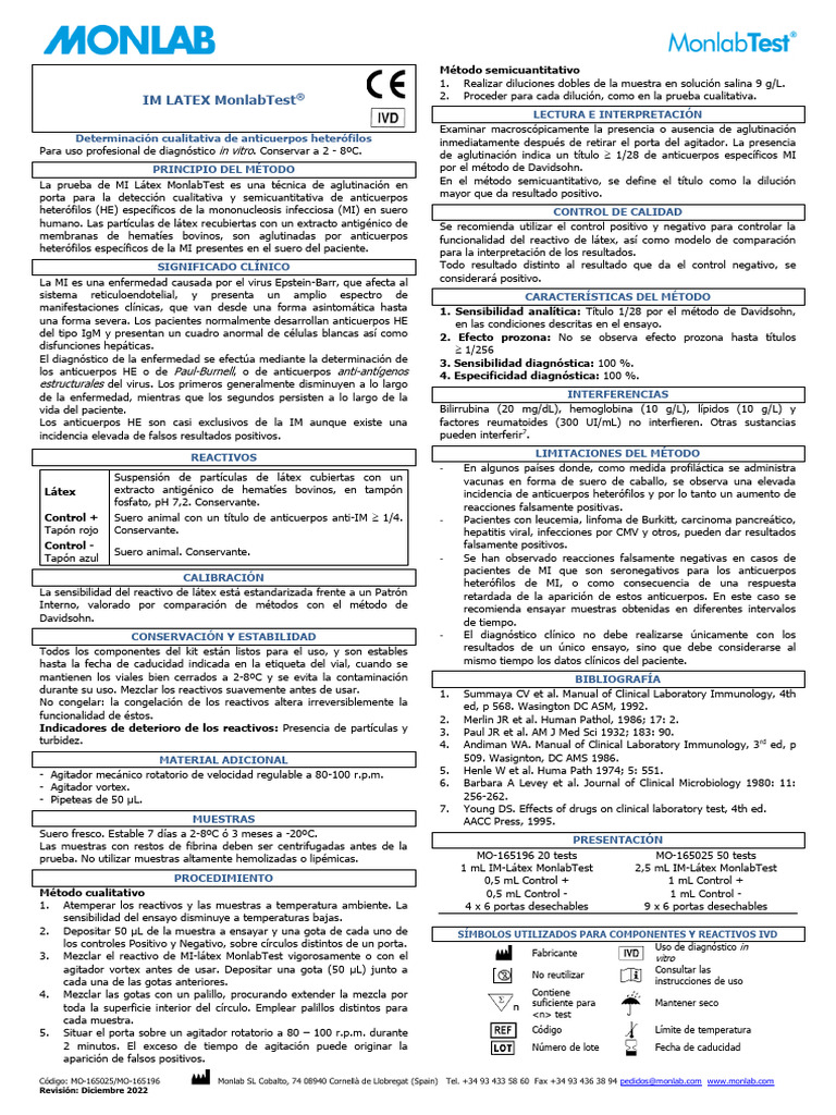 IFU Mononucleosis Latex Monlabtest EN | PDF | Inmunología | Medicina ...
