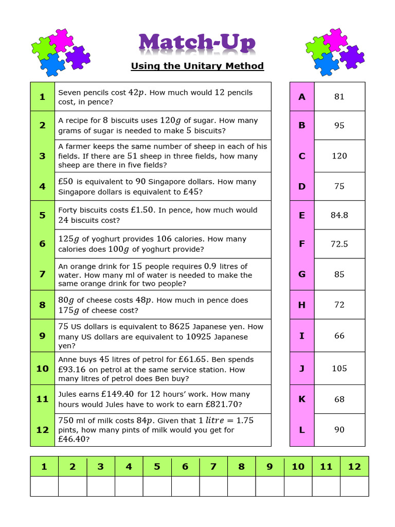 Unitary Method Match-Up | PDF | Cooking, Food & Wine | Home & Garden