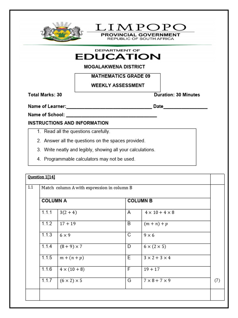 Integers Topic Test 3 23 February 2024 GRD 9 - 112032 | PDF | Numbers ...