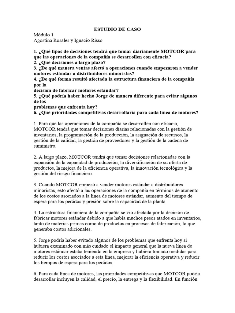 Decisiones Clave para MOTCOR en Operaciones | PDF | Calidad (comercial ...
