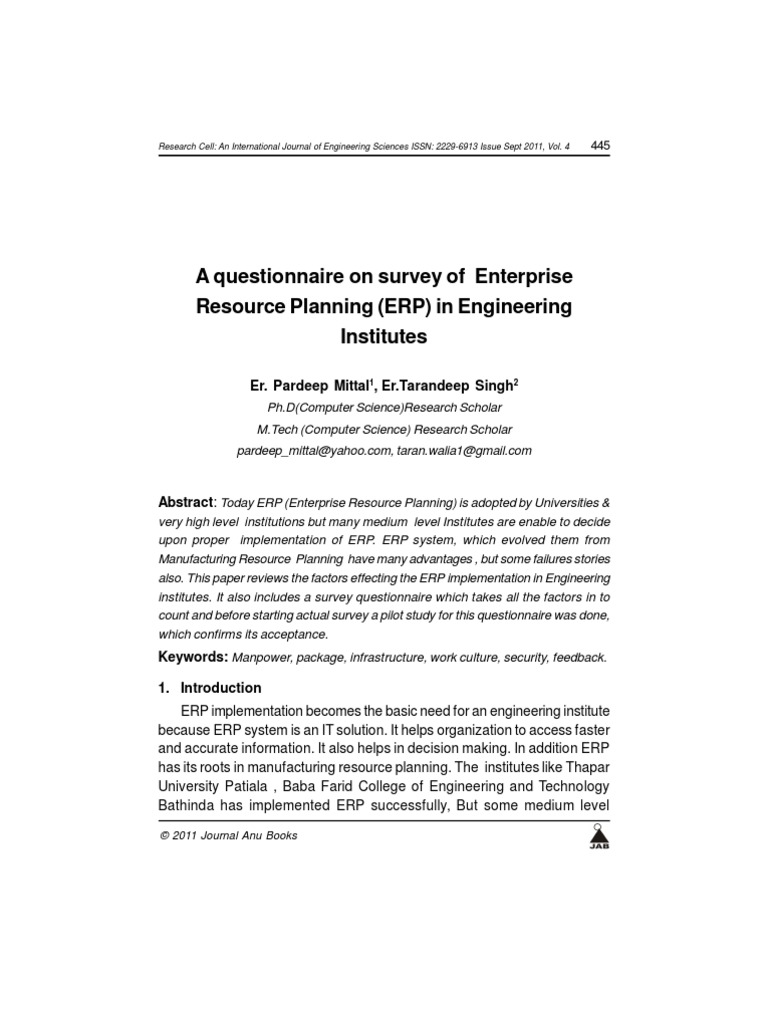 A Questionnaire On Survey of Enterprise Resource Planning (ERP) in